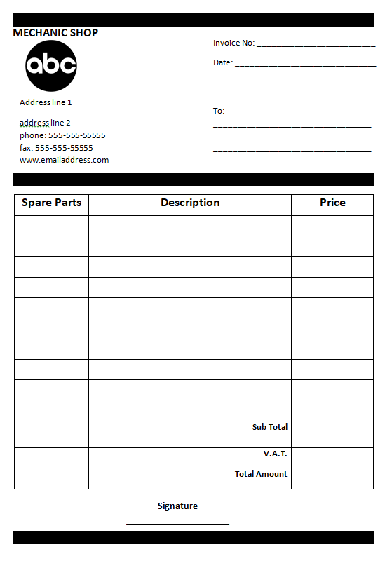 Mechanic Parts Invoice Template