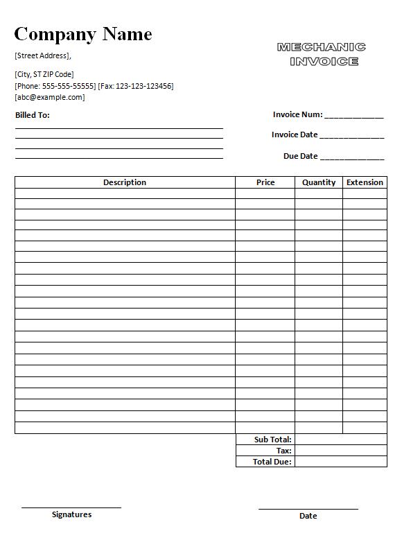 Free Mechanic Work Invoice Template