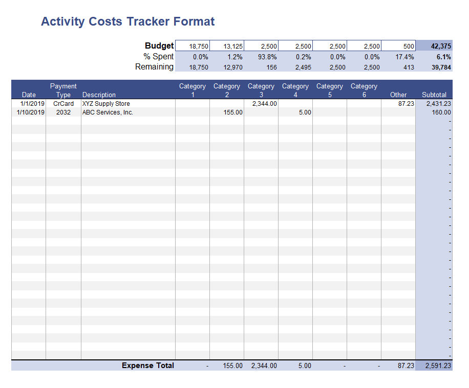 Blank Activity Costs Tracker Format